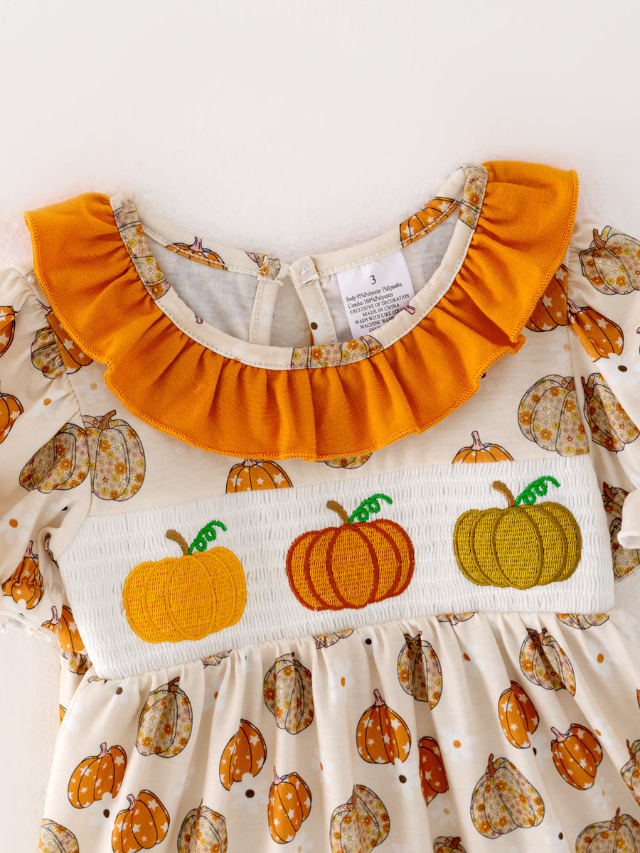 Halloween Girls Smocking Pumpkin Embroidery Ruffle Dress