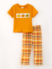 Halloween Boys Cotton Pumpkin Smocking Embroidered Top + Plaid Trousers Set