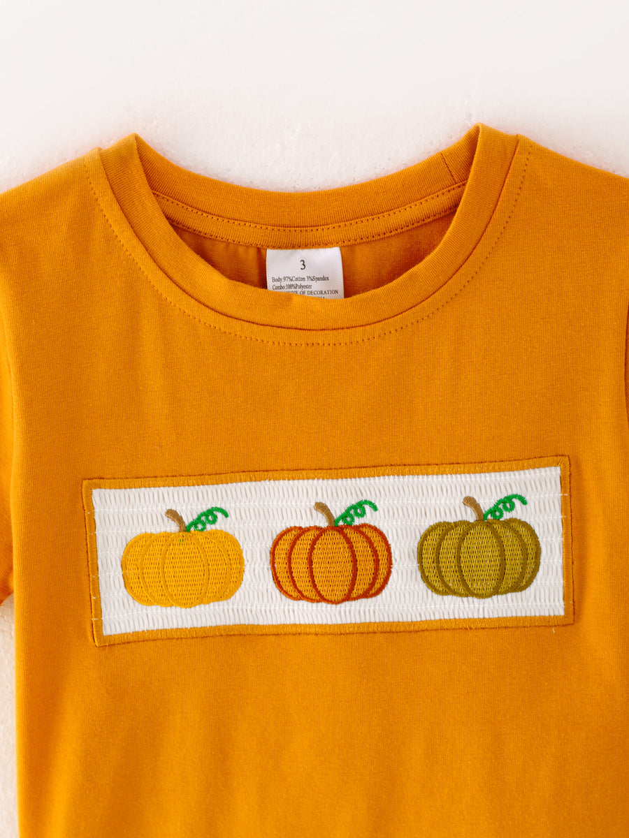 Halloween Boys Cotton Pumpkin Smocking Embroidered Top + Plaid Trousers Set