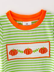 Halloween Pumpkin Smocking Embroidered Striped Romper