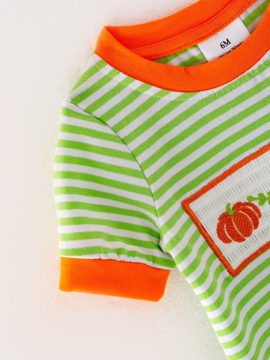 Halloween Pumpkin Smocking Embroidered Striped Romper