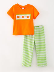 Halloween Orange Boys Cotton Pumpkin Smocking Embroidered Top + Plaid Trousers Set