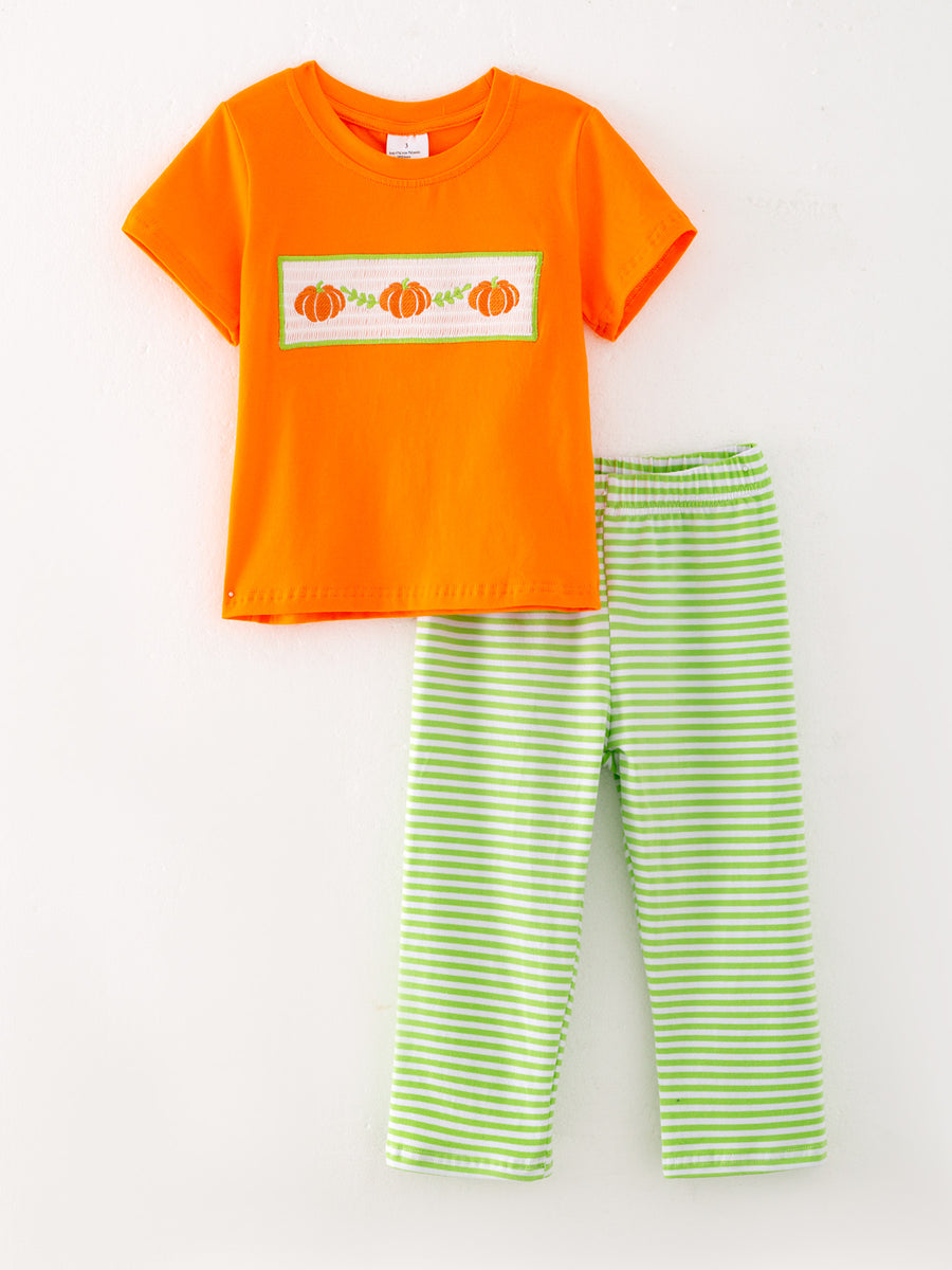 Halloween Orange Boys Cotton Pumpkin Smocking Embroidered Top + Plaid Trousers Set