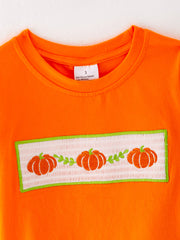 Halloween Orange Boys Cotton Pumpkin Smocking Embroidered Top + Plaid Trousers Set