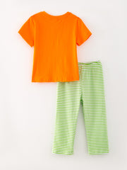 Halloween Orange Boys Cotton Pumpkin Smocking Embroidered Top + Plaid Trousers Set