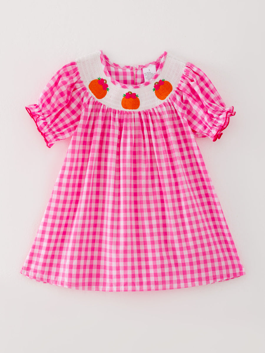 Halloween Pink Woven Smocking Embroidered Plaid Dress