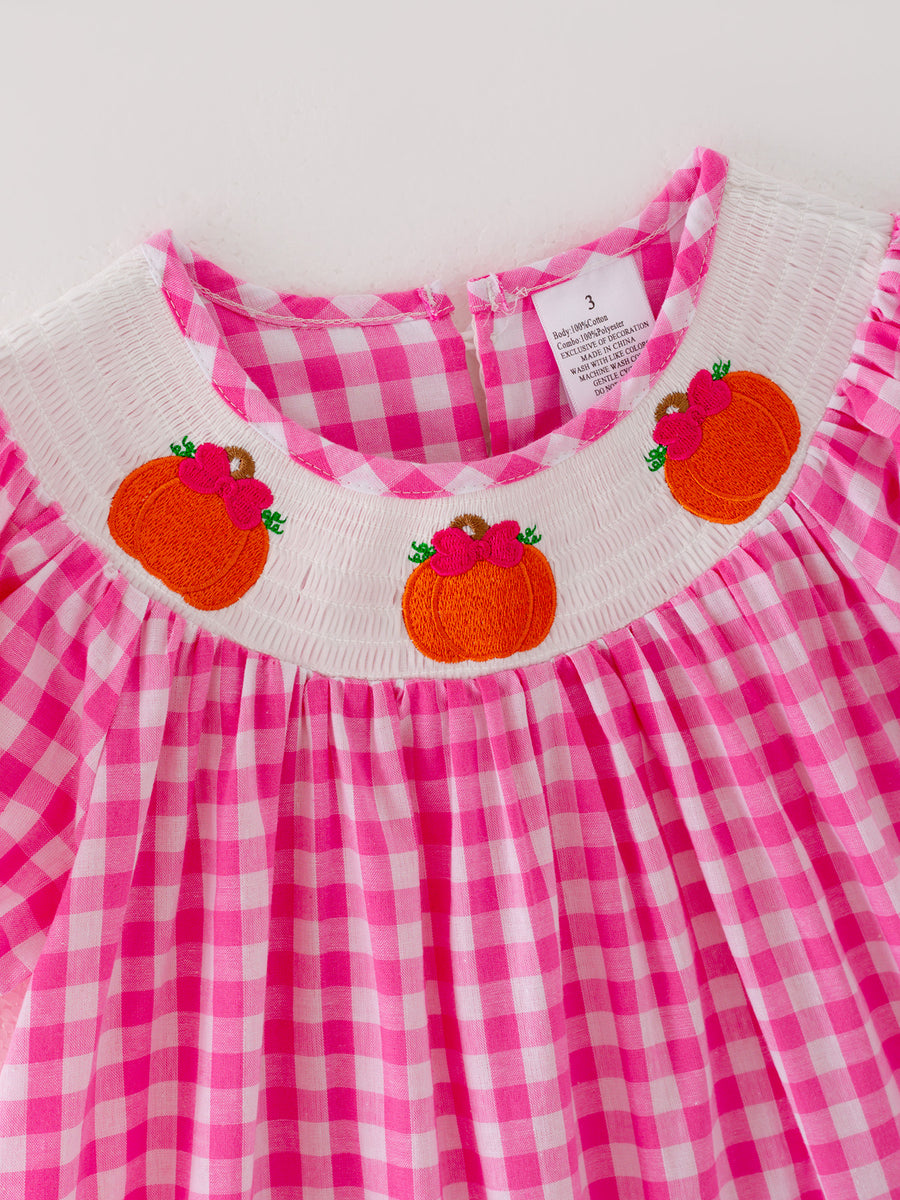 Halloween Pink Woven Smocking Embroidered Plaid Dress