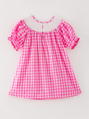 Halloween Pink Woven Smocking Embroidered Plaid Dress