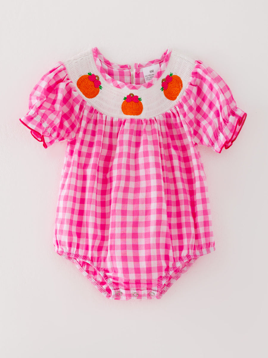 Halloween Pink Baby Girls Woven Smocking Embroidered Plaid Romper