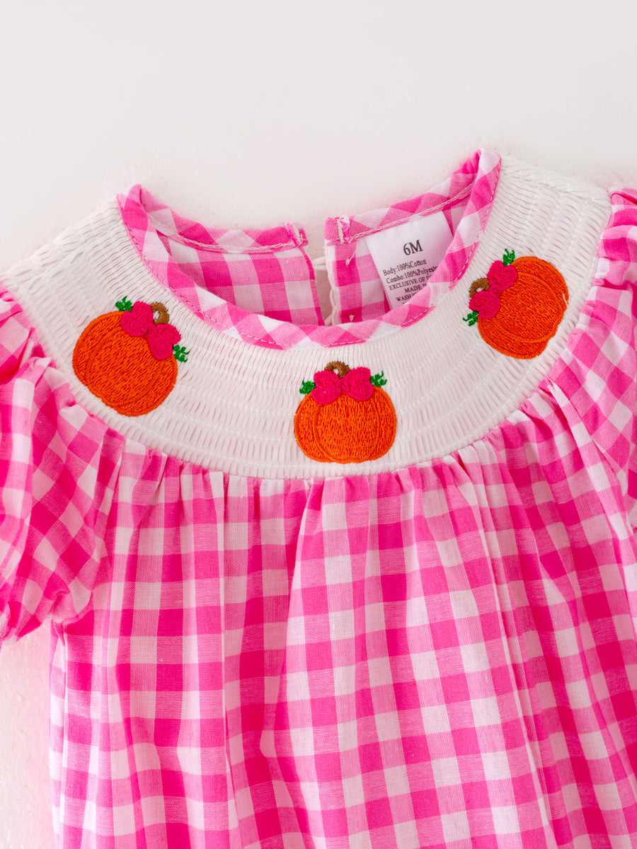 Halloween Pink Baby Girls Woven Smocking Embroidered Plaid Romper