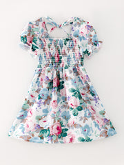 Smocking Simple Floral Print Short Sleeve dress