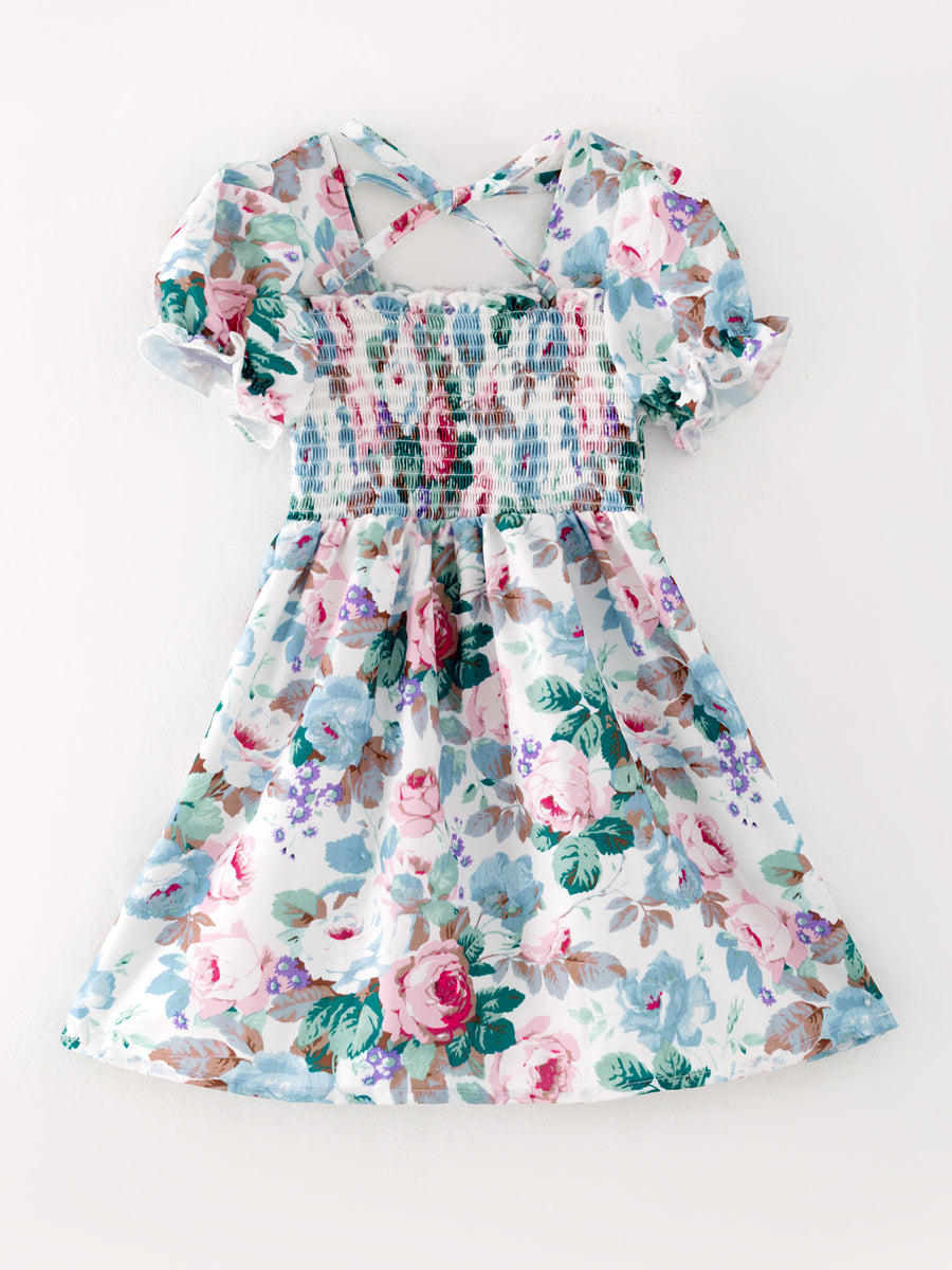 Smocking Simple Floral Print Short Sleeve dress