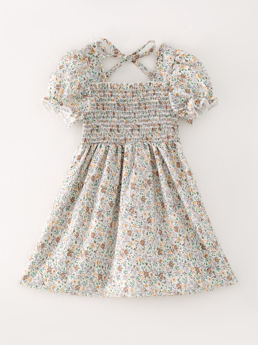 Smocking Floral Print Short Sleeve Dress