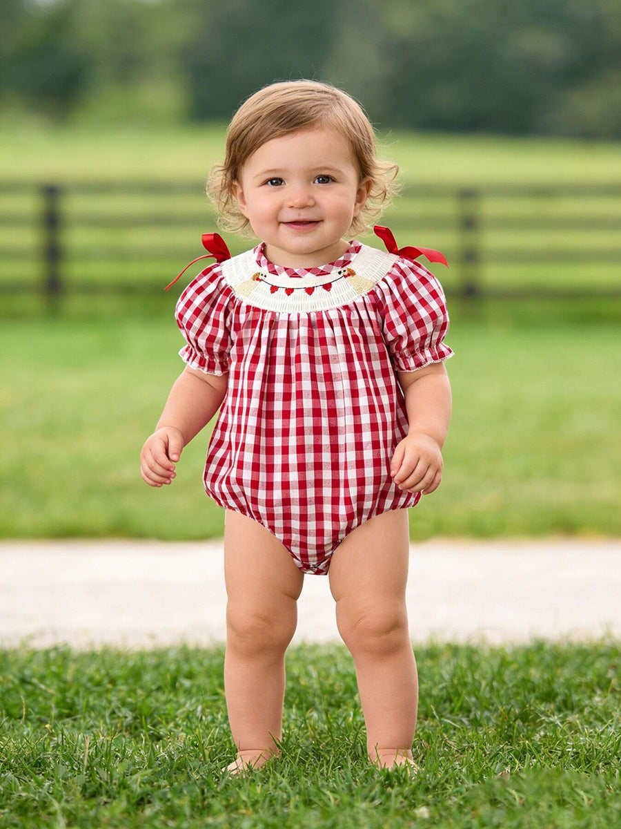 Valentine Red Plaid Romper with Smocked Heart Dog Detail and Bows