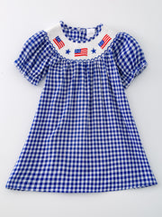 4th of july USA Embroidered Smocking Blue White Plaid Girls' Dress