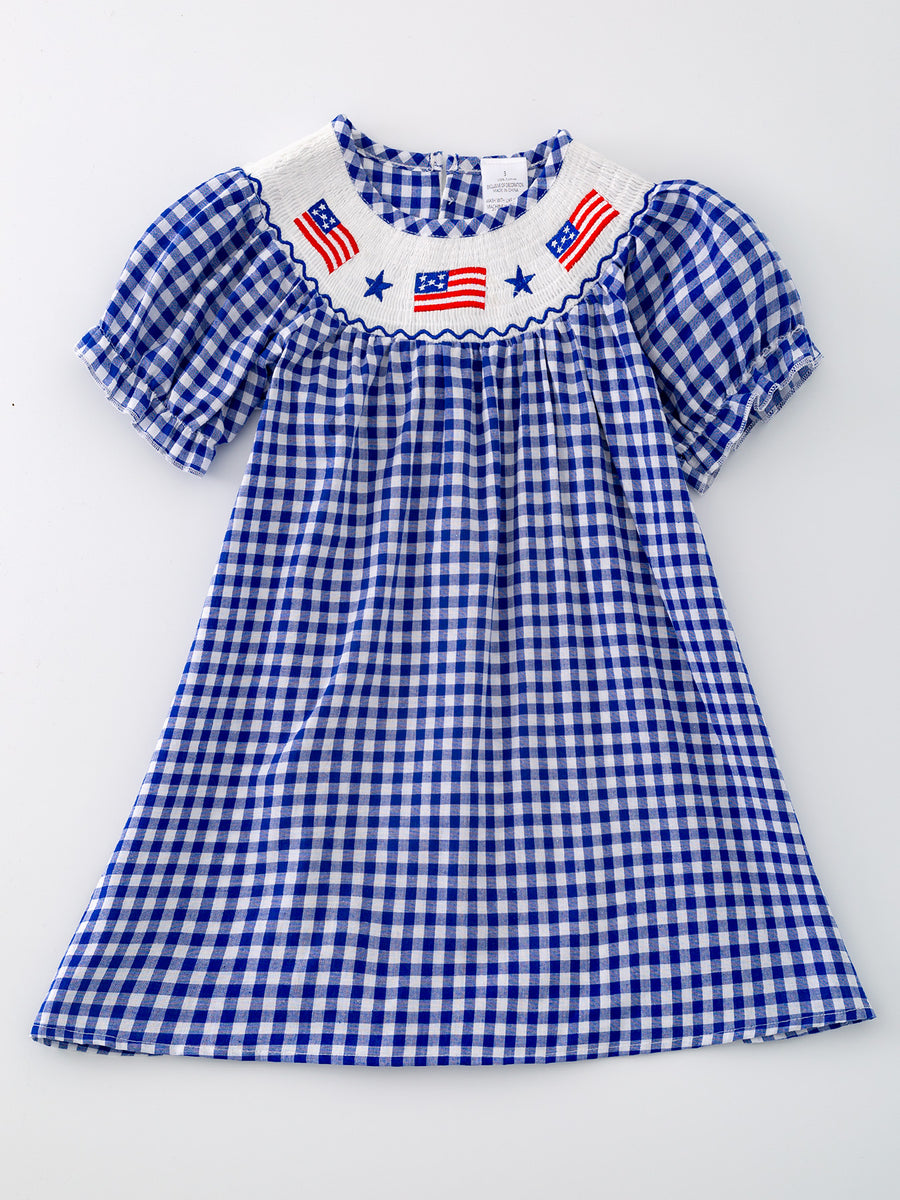 4th of july USA Embroidered Smocking Blue White Plaid Girls' Dress