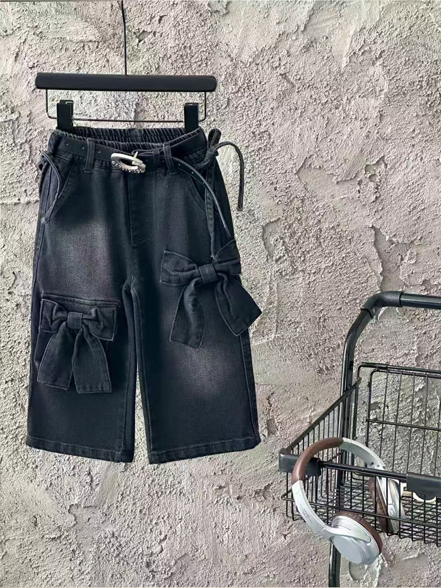 (Pre-Order)Girls Bow Stretch Wide-Leg Jeans No Belt