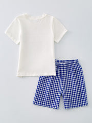 4th of july USA Embroidered Smocking Blue White Plaid Boys Set