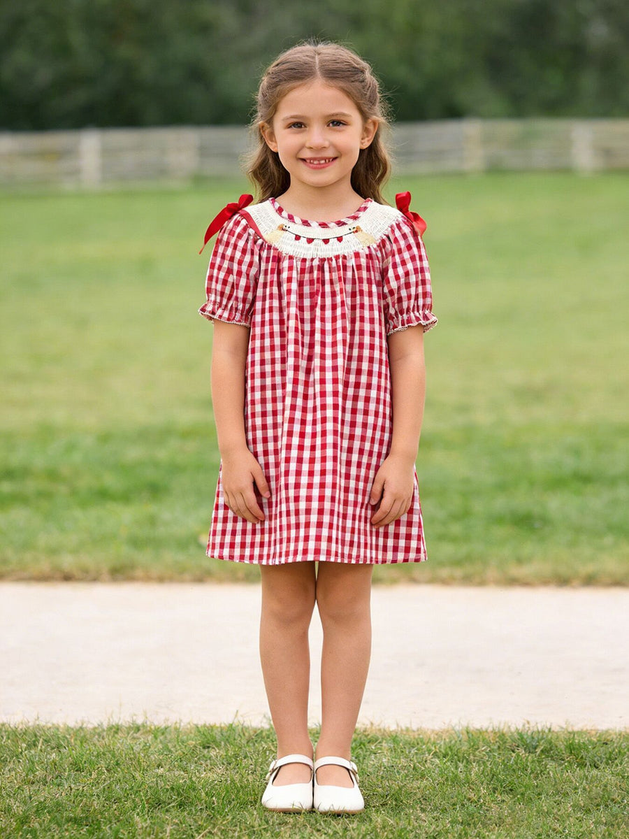 Valentine Red Plaid Dress with Smocked Heart Dog Detail and Bows