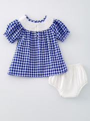4th of july USA Embroidered Smocking Blue White Plaid Baby Girls Bloomer Set