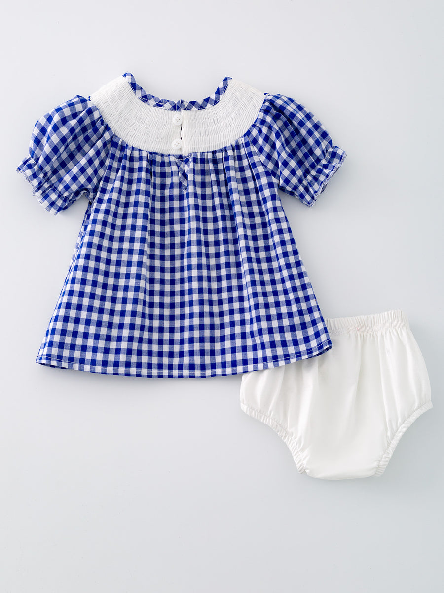 4th of july USA Embroidered Smocking Blue White Plaid Baby Girls Bloomer Set