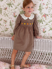 Fall Girls Pumpkin Smocked Eyelet Collar Corduroy Dress