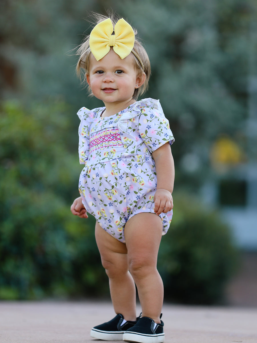 Girls Smocking Embroidered Floral Romper