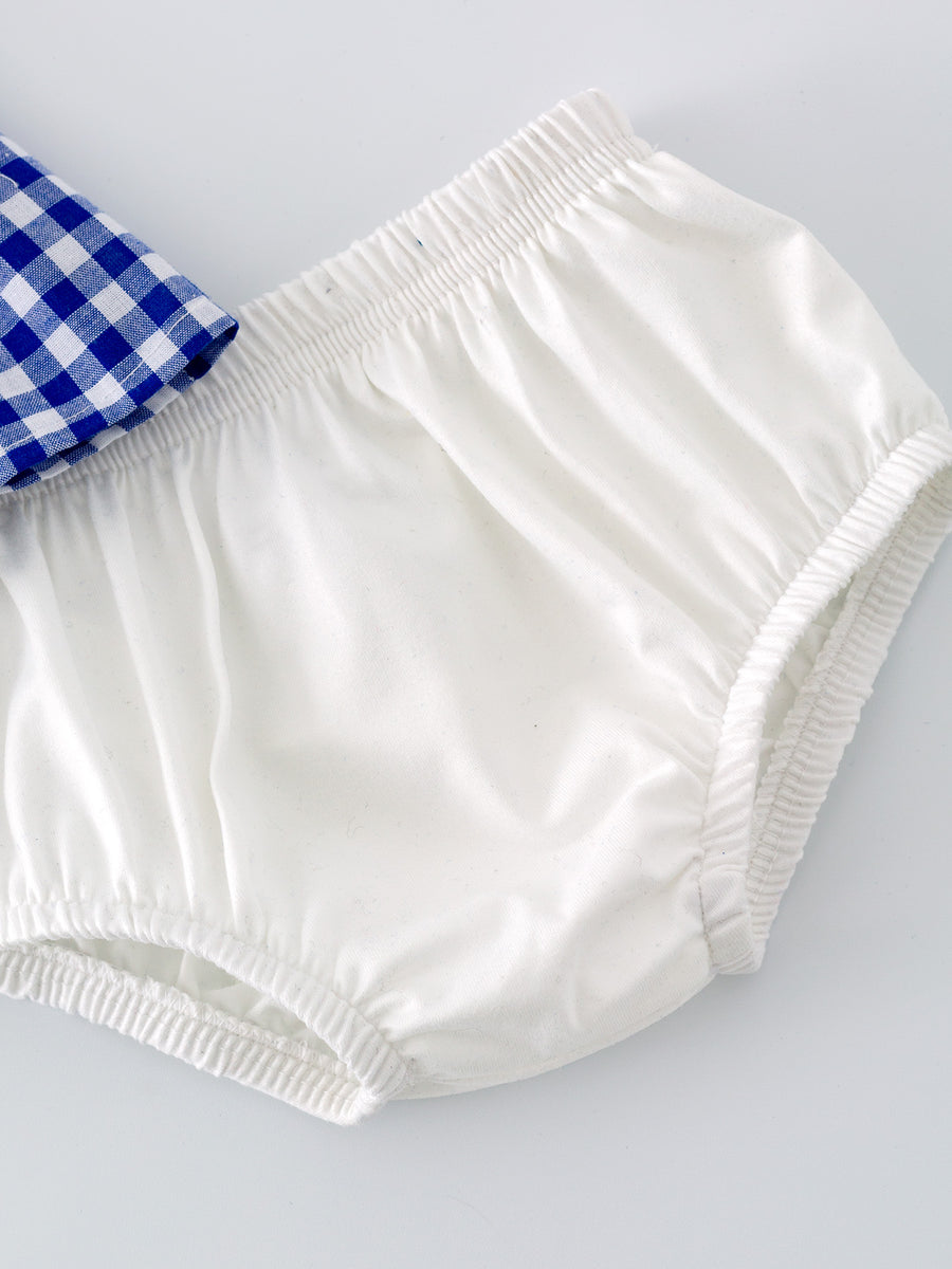 4th of july USA Embroidered Smocking Blue White Plaid Baby Girls Bloomer Set