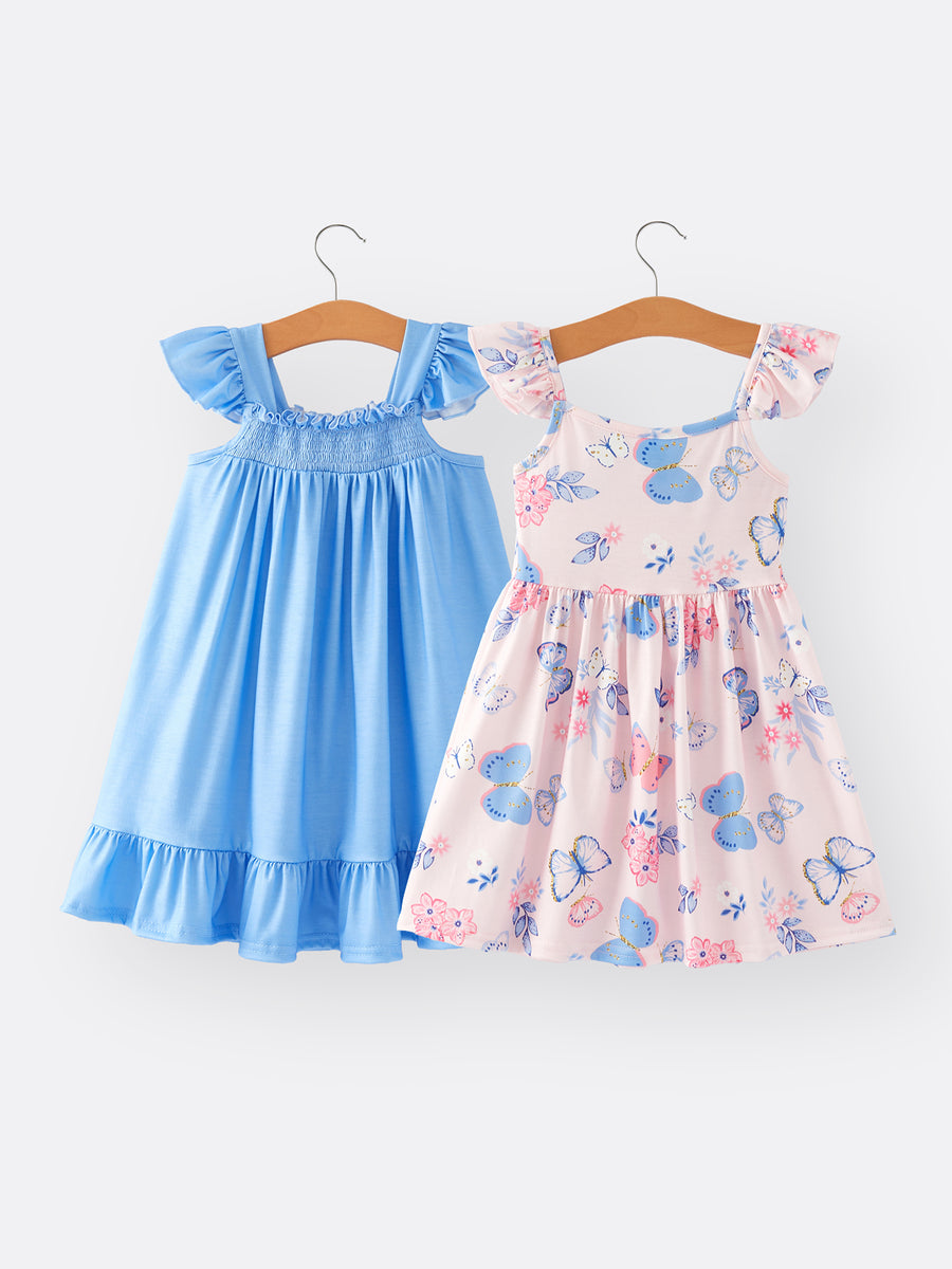 Blue Butterfly Girls Suspender Dress 2-piece set