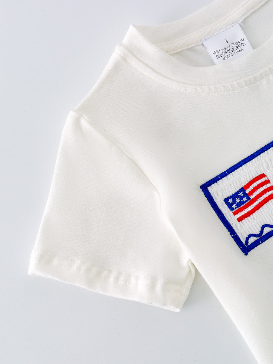 4th of july USA Embroidered Smocking Blue White Plaid Boys Set