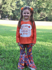 Autumn Leaves Pine Cone Stripe Print Girls Set