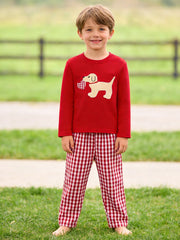 Valentine Red Plaid Boys Set with Applique Heart Dog Detail