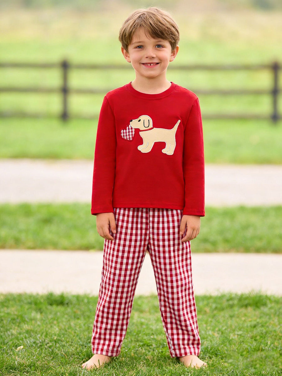 Valentine Red Plaid Boys Set with Applique Heart Dog Detail