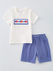 4th of july USA Embroidered Smocking Blue White Plaid Boys Set
