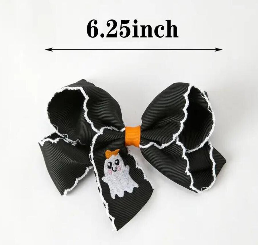 Halloween Ghost Embroidered Black Bow Hairpin