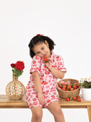 Spring Strawberry Bow Short Sleeve Shorts Pajama Set