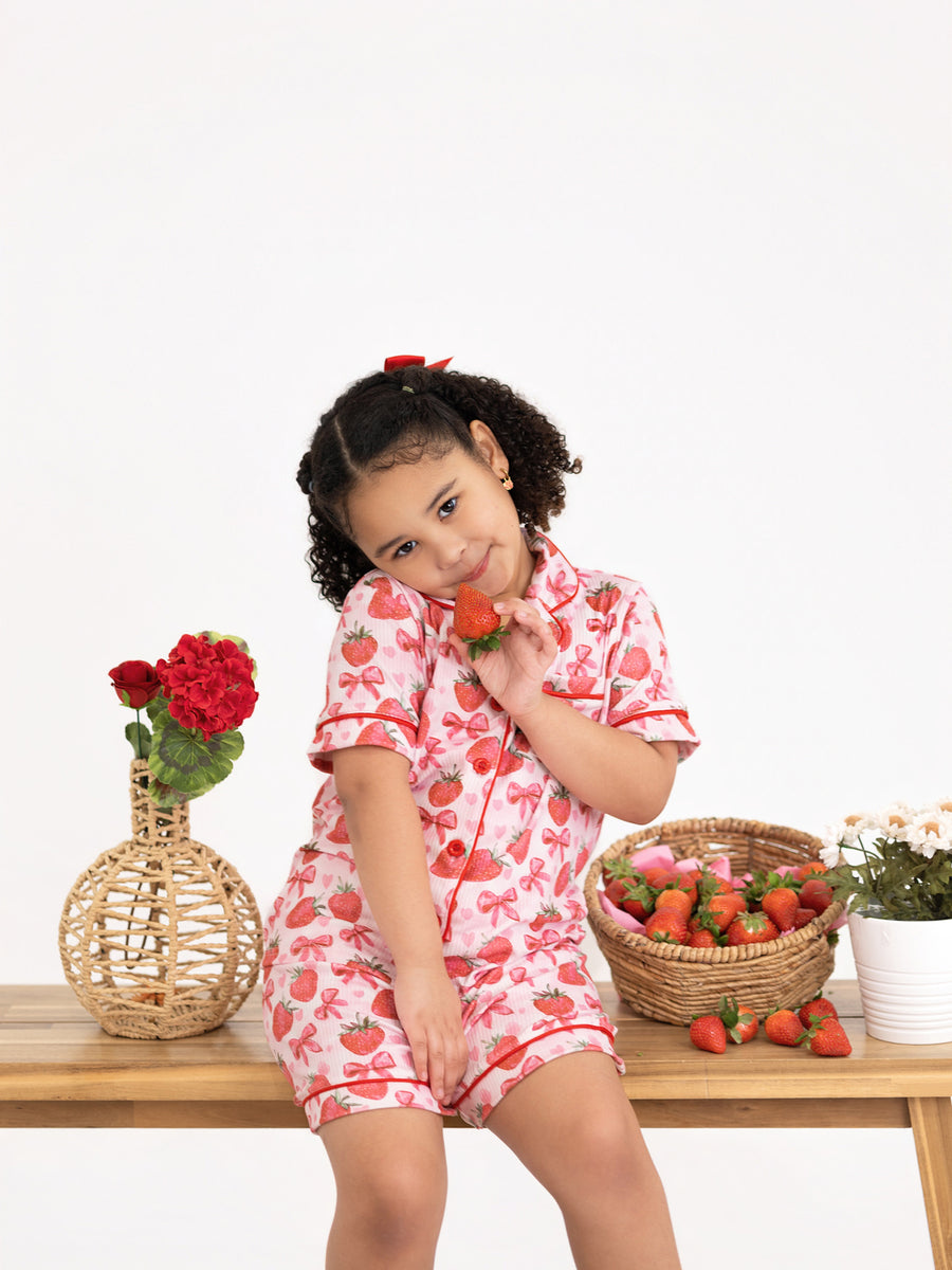 Spring Strawberry Bow Short Sleeve Shorts Pajama Set