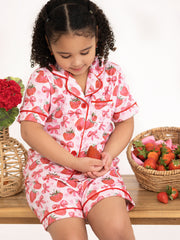 Spring Strawberry Bow Short Sleeve Shorts Pajama Set