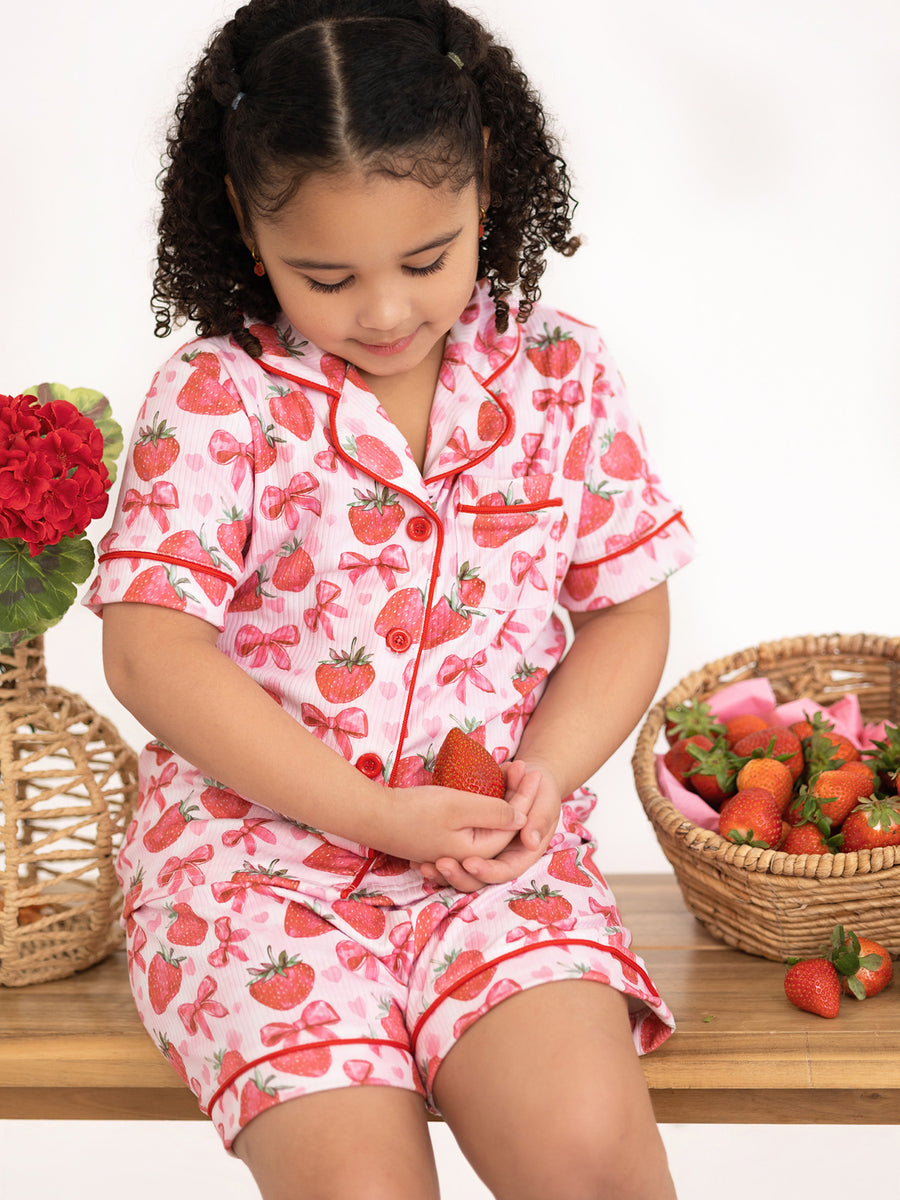 Spring Strawberry Bow Short Sleeve Shorts Pajama Set