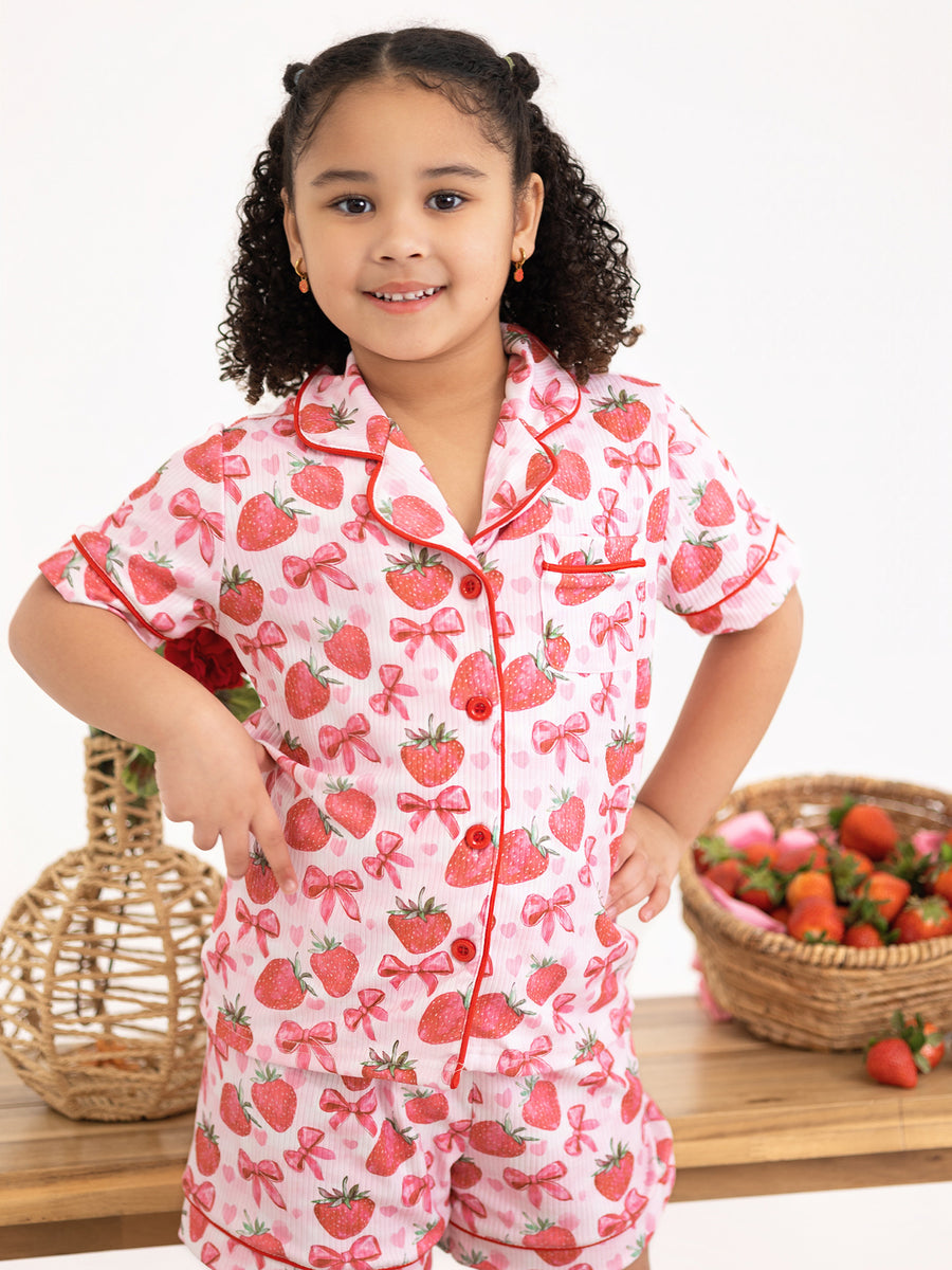 Spring Strawberry Bow Short Sleeve Shorts Pajama Set