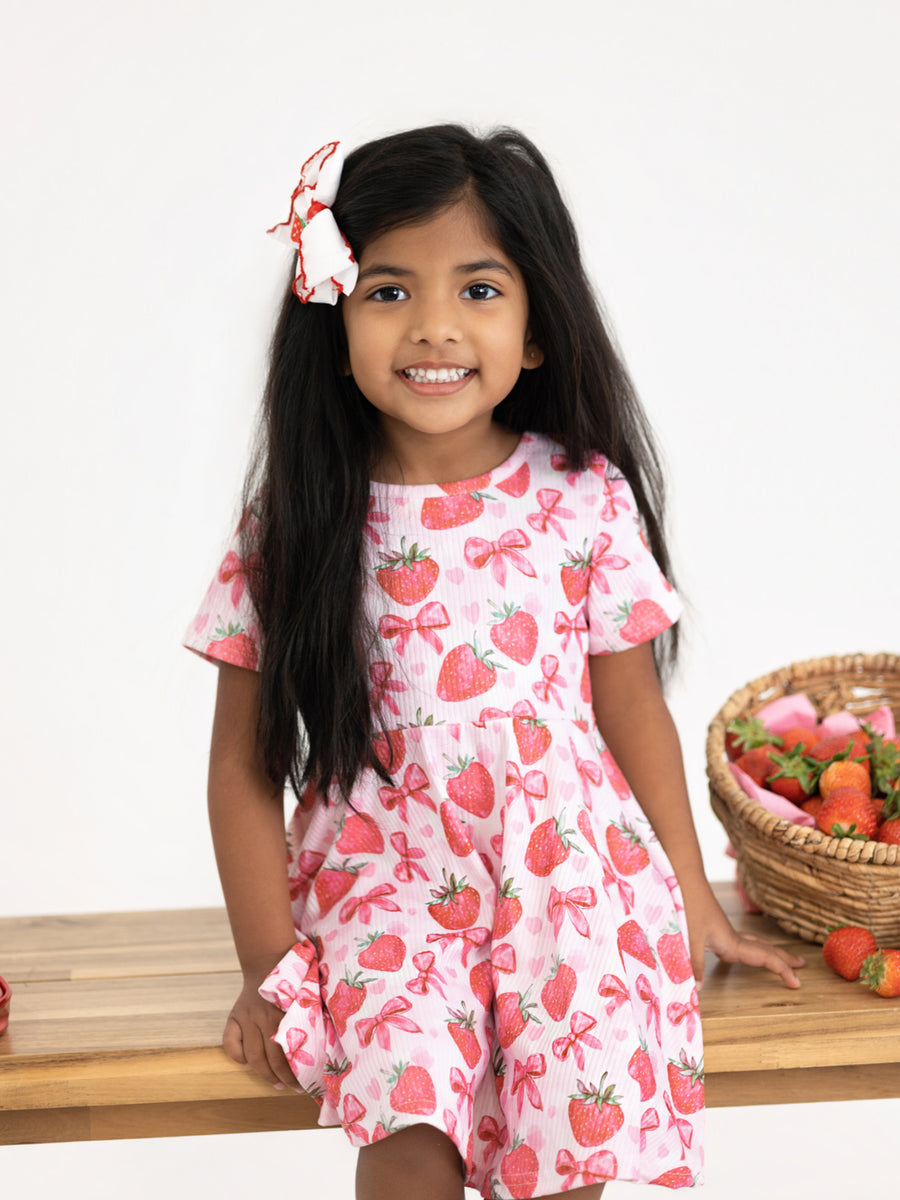 Summer Strawberry Bow Girls Short Sleeve Dress