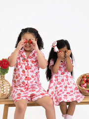 Spring Strawberry Bow Short Sleeve Shorts Pajama Set