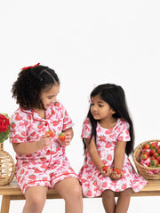 Summer Strawberry Bow Girls Short Sleeve Dress
