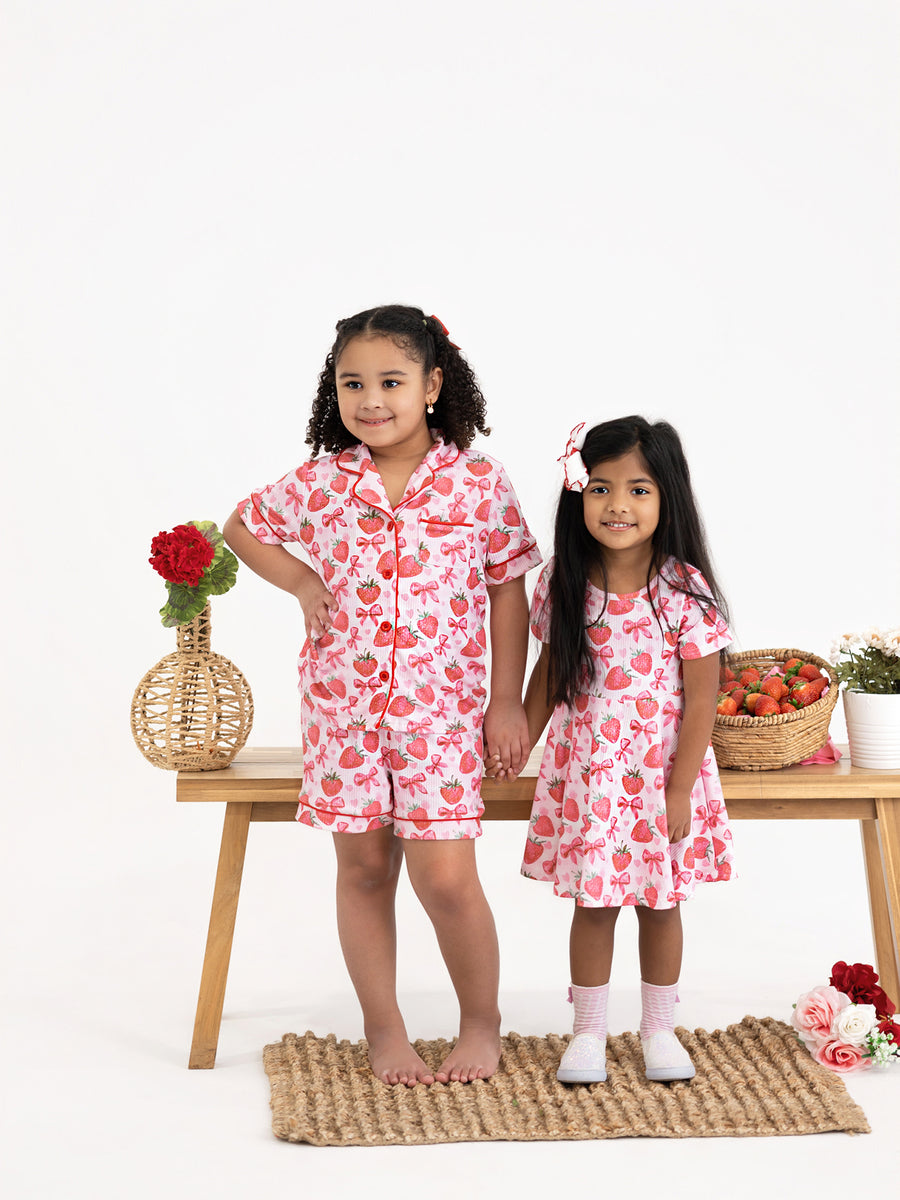 Spring Strawberry Bow Short Sleeve Shorts Pajama Set
