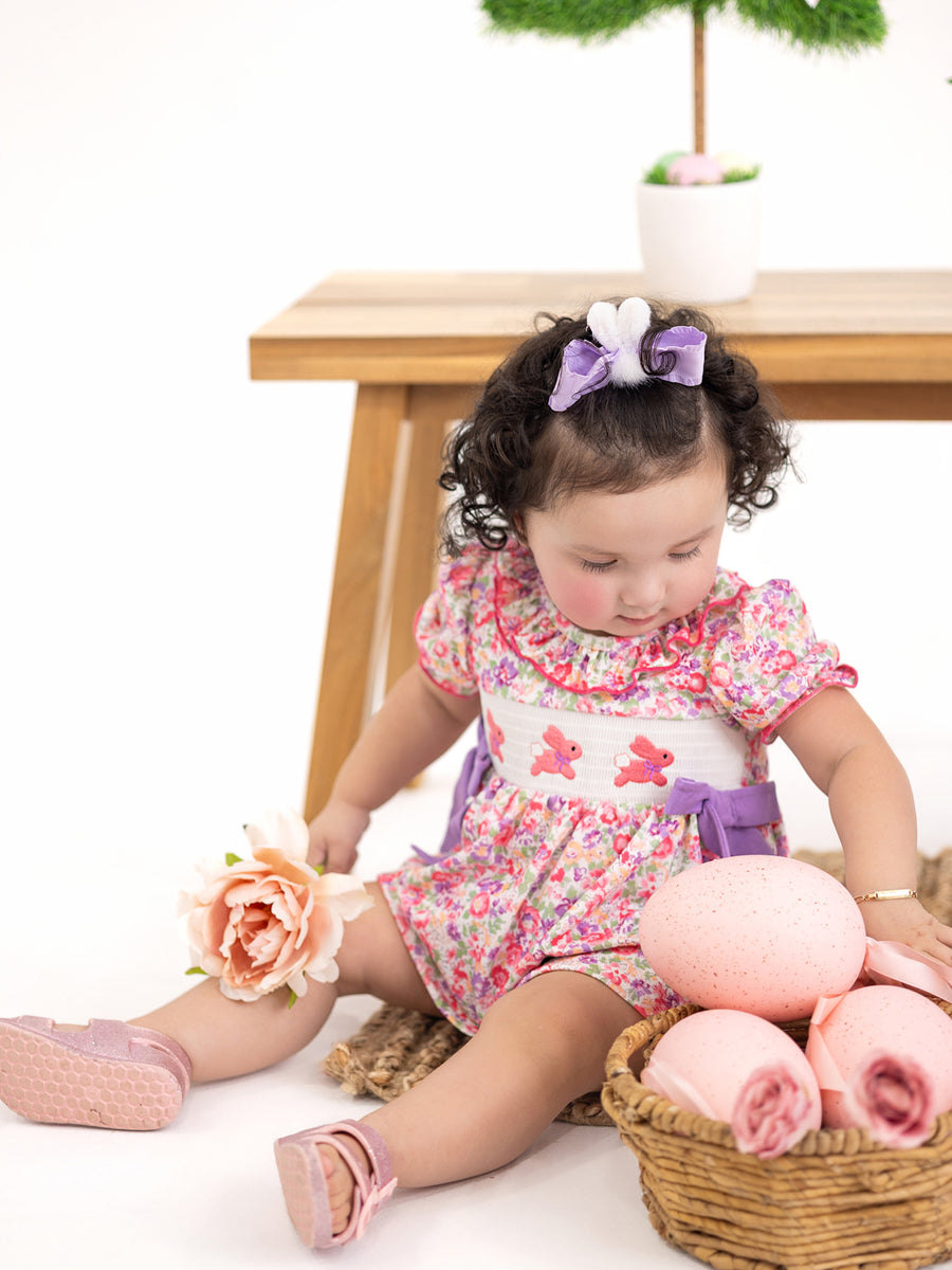 Easter Colorful Floral Bunny Embroidery Bow Ruffle Girl Bloomer Set
