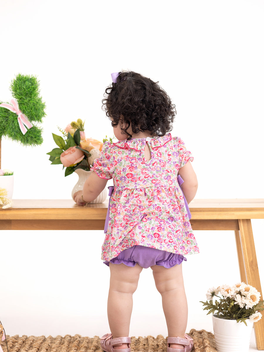 Easter Colorful Floral Bunny Embroidery Bow Ruffle Girl Bloomer Set