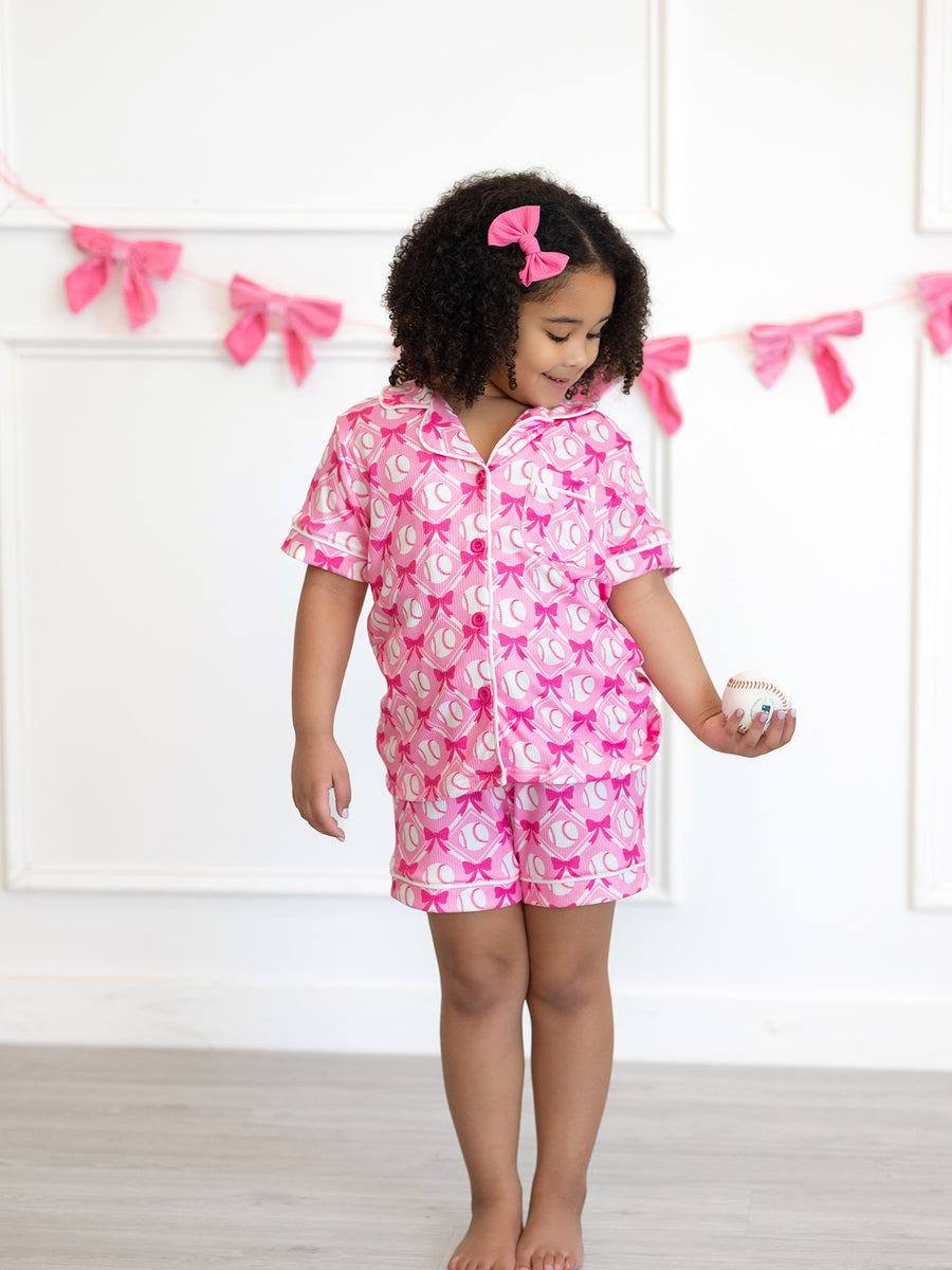 Girls Baseball Bow Print Pajama Set Short Sleeve Pink
