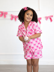 Girls Baseball Bow Print Pajama Set Short Sleeve Pink