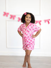 Girls Baseball Bow Print Pajama Set Short Sleeve Pink