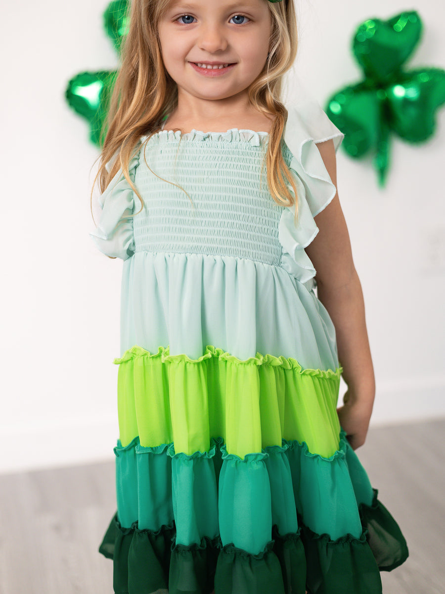 St. Patrick's Day Ombre Ruffle Dress for Girls – Green Gradient Layers